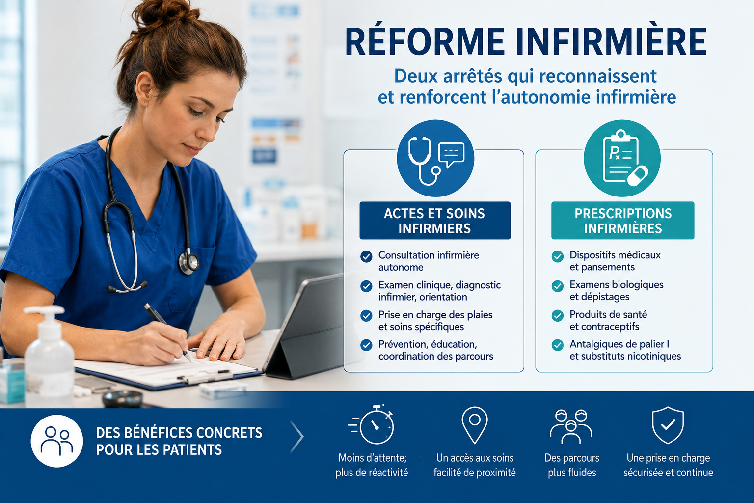 Réforme infirmière&nbsp;: ce que changent les nouveaux arrêtés sur les actes, les soins, la consultation et la prescription infirmière
